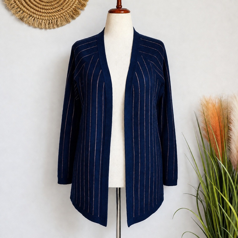 FRNCH Paris Navy Gold Shimmer Stripe Open Front Cardi Sweater SZ Medium Preppy - Picture 2 of 10